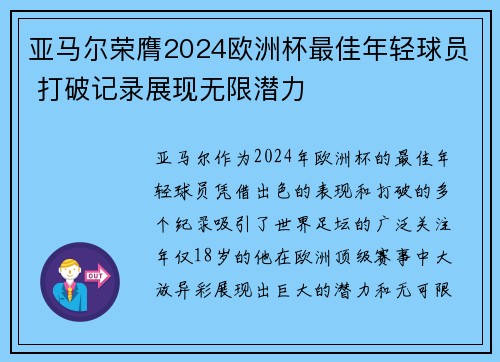 亚马尔荣膺2024欧洲杯最佳年轻球员 打破记录展现无限潜力